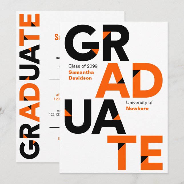 Invitation Orange Big Bold Angle-Cut Lettres Graduation (Devant / Derrière)