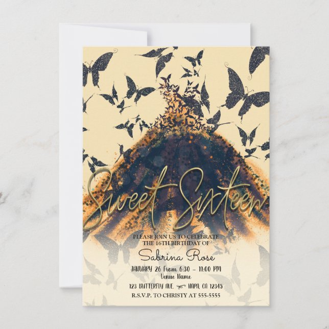 Invitation Orange Black Butterfly Dance robe sucré 16 Partie (Devant)