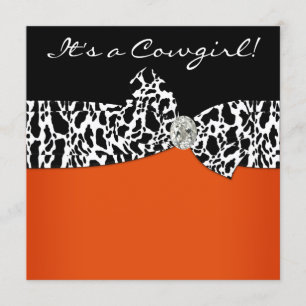 Invitation Orange Black Cow Print Cowgirl Baby shower