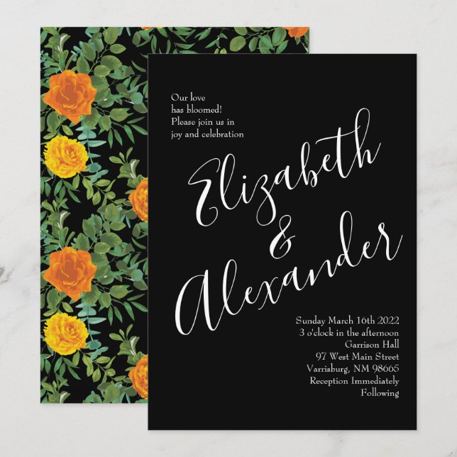 Invitation Orange & Black Gothique Peony & Rose Floral Mariag (Devant / Derrière)