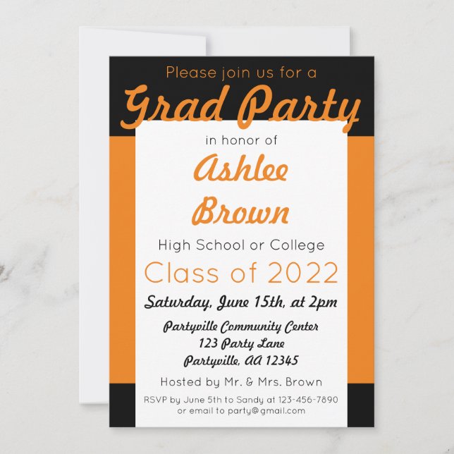 Invitation Orange Black Grad Party Gras Graduation (Devant)