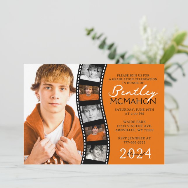 Invitation Orange & Black Modern Filmstrip 6 Diplôme Photo (Debout devant)