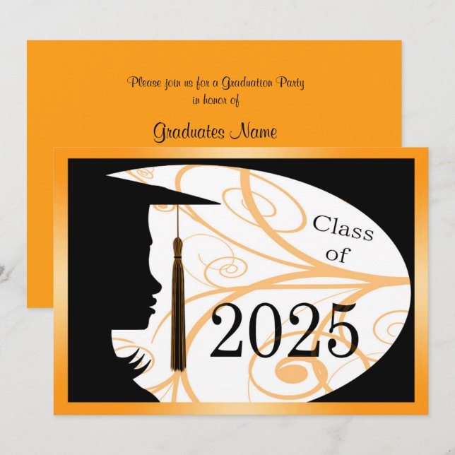 Invitation Orange & Black Silhouette 2025 Graduation Party (Devant / Derrière)