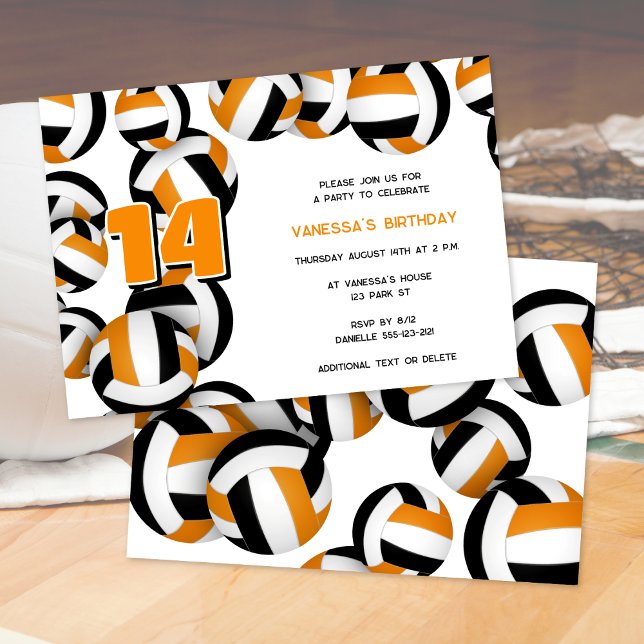 Invitation orange black volleball filles garçons fête d'anniv (front & back views)