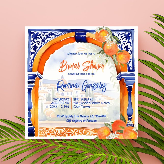 Invitation Orange bleu azulejo talavera tuiles douche nuptial (Orange blue azulejo talavera Spanish Mexican tiles citrus  bridal shower invitation template)