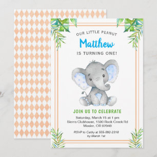 Invitation Orange Blue Boy Elephant Birthday Little Gentleman