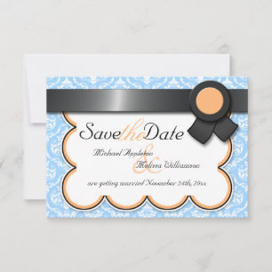 Invitation Orange & Blue Damask Enregistrer la date Annonces