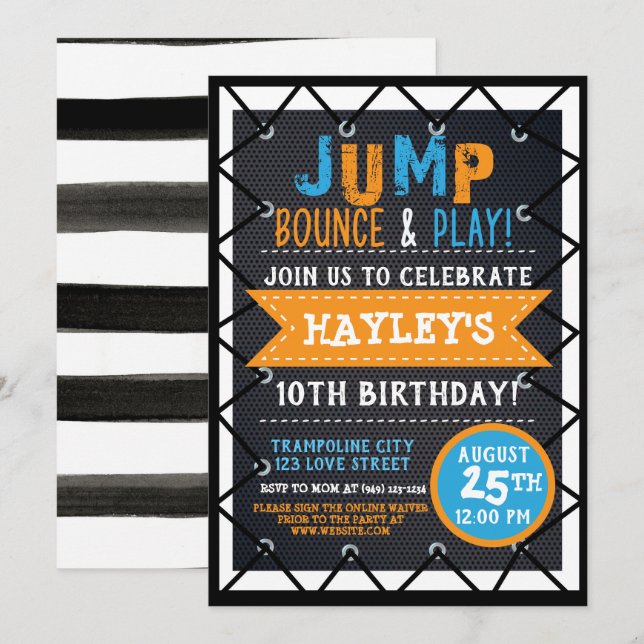 Invitation Orange & Blue Jump & Play Trampoline Park Bounce (Devant / Derrière)