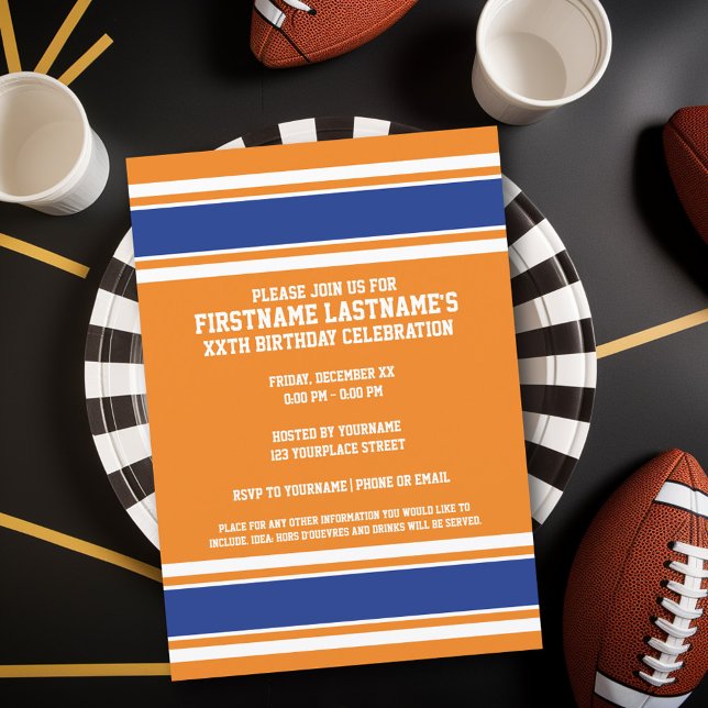 Invitation Orange Blue Sports Jersey fête d'anniversaire (Birthday Party Invitation - Sports Theme - Football Party Invitation)
