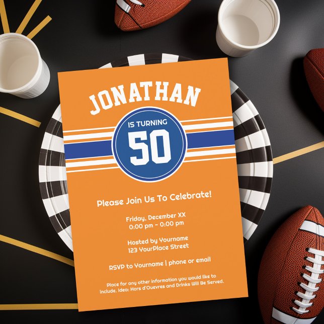 Invitation Orange Blue Sports Jersey fête d'anniversaire (Birthday Party Invitation - Sports Theme - Football Party Invitation)