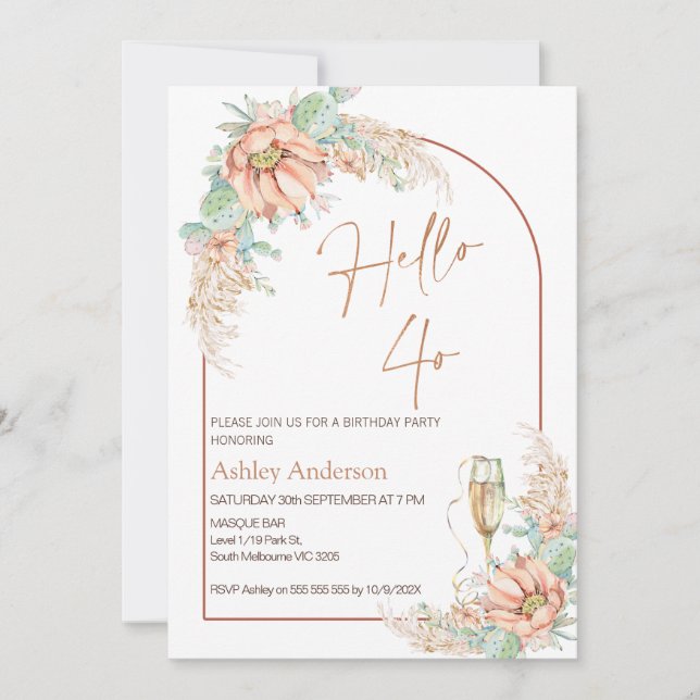 Invitation Orange Boho Cactus 40e anniversaire de fête Invita (Devant)