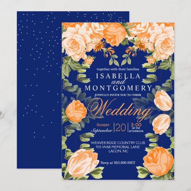 Invitation Orange botanique et Mariage floral bleu marine (Devant / Derrière)