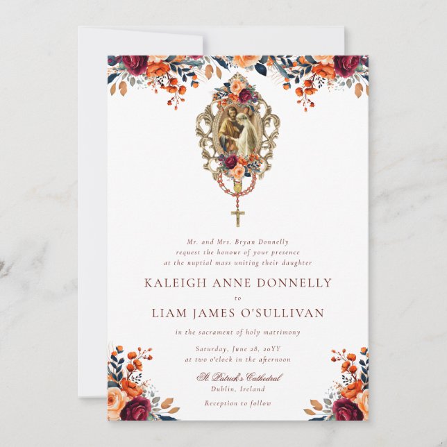 Invitation Orange Bourgogne Rustique Floral Mariage catholiqu (Devant)