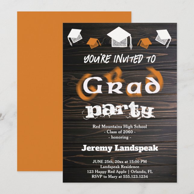 Invitation Orange Brown Blurry Texte Graduation House Party (Devant / Derrière)