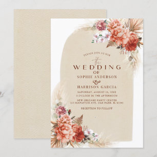Invitation Orange Brûlé Élégant Et Pampas Mariage Grass