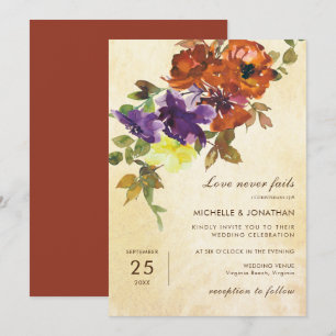 Invitation Orange Brûlé Purple Automne Floral Mariage chrétie