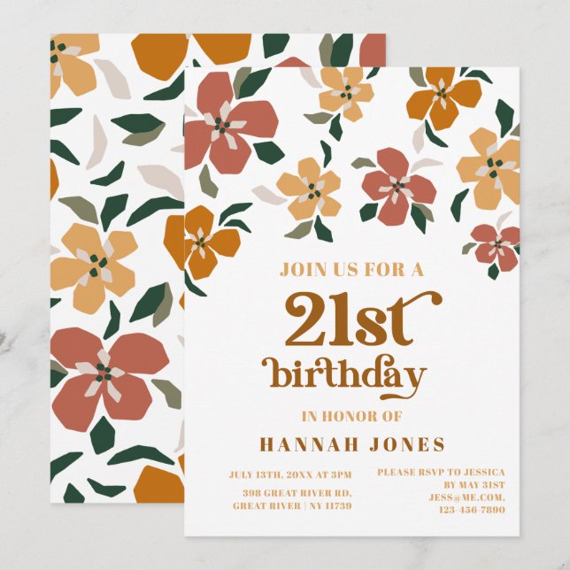 Invitation Orange & brun rétro les années 70 Floral 21e anniv (Devant / Derrière)