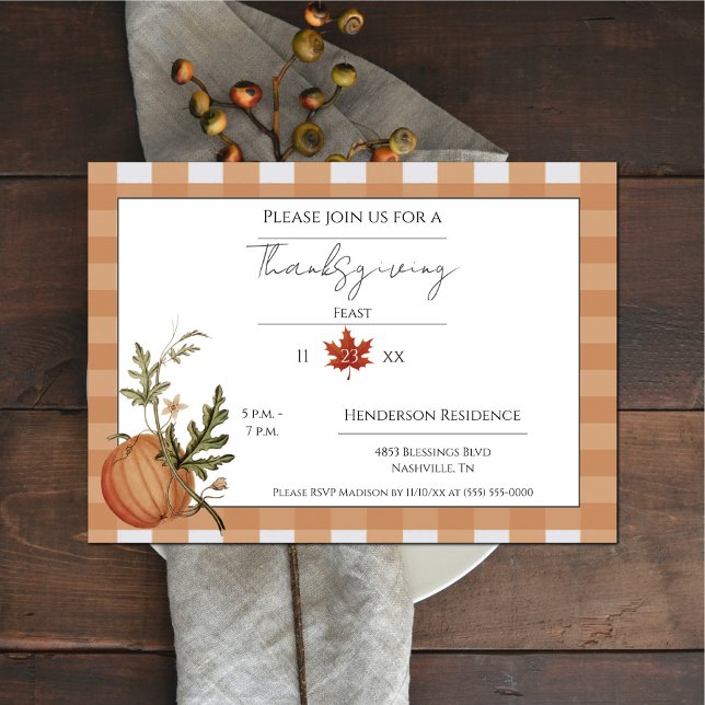 Invitation Orange Buffalo Plaid Dîner Citrouille Thanksgiving (Orange Buffalo Plain Pumpkin Thanksgiving Dinner Invitation)