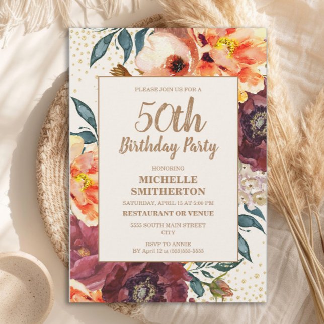 Invitation Orange Burgundy Fall Floral Gold Parties scintilla (Orange and burgundy floral 50th birthday party invitation)