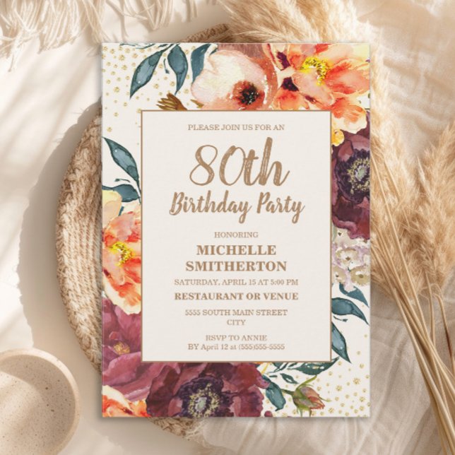 Invitation Orange Burgundy Fall Floral Gold Parties scintilla (Orange and burgundy watercolor floral 80th birthday party invitation)
