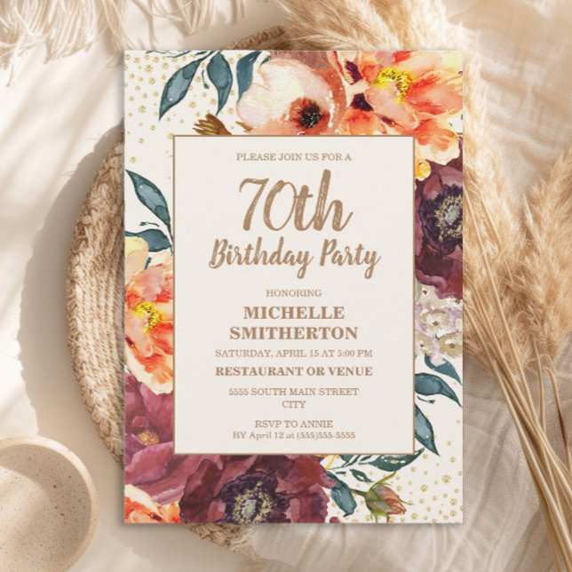 Invitation Orange Burgundy Fall Floral Gold Parties scintilla (Orange and burgundy watercolor floral 70th birthday party invitation)