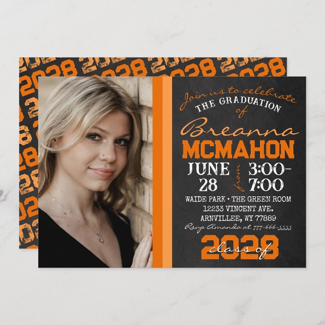 Invitation Orange Chalkboard Graduation Photo ( Repeating Class Year 1 & 2 Photo Graduation Invitations & Announcements)