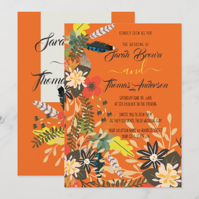 INVITATION ORANGE COLORÉ BOHO FLORAL (Devant / Derrière)