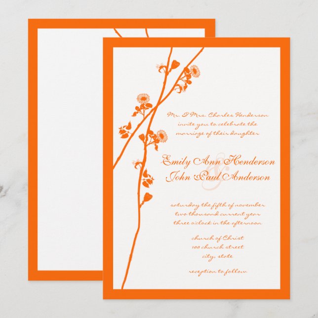 Invitation Orange Coral Fleur sauvage Branche Mariage Invite (Devant / Derrière)