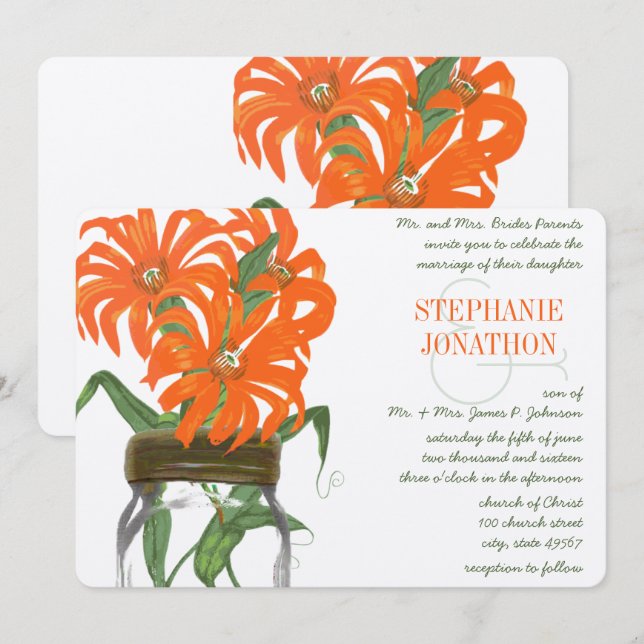 Invitation Orange Coral Mason Jar Rustic Barne Mariage (Devant / Derrière)