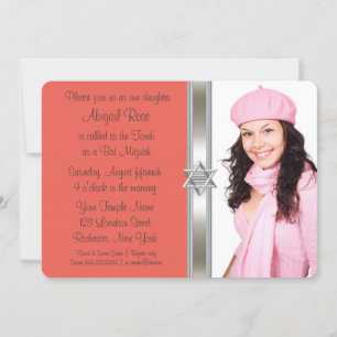 Invitation Orange Coral Photo Bat Mitzvah