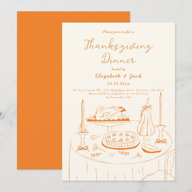 Invitation Orange & Crème Doodle Thanksgiving à la main (Devant / Derrière)