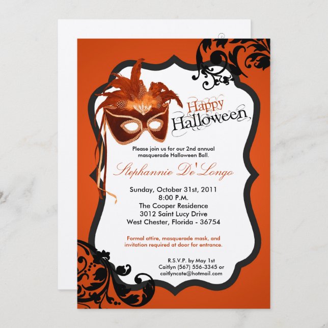 invitation orange de Halloween de masque de la (Devant / Derrière)