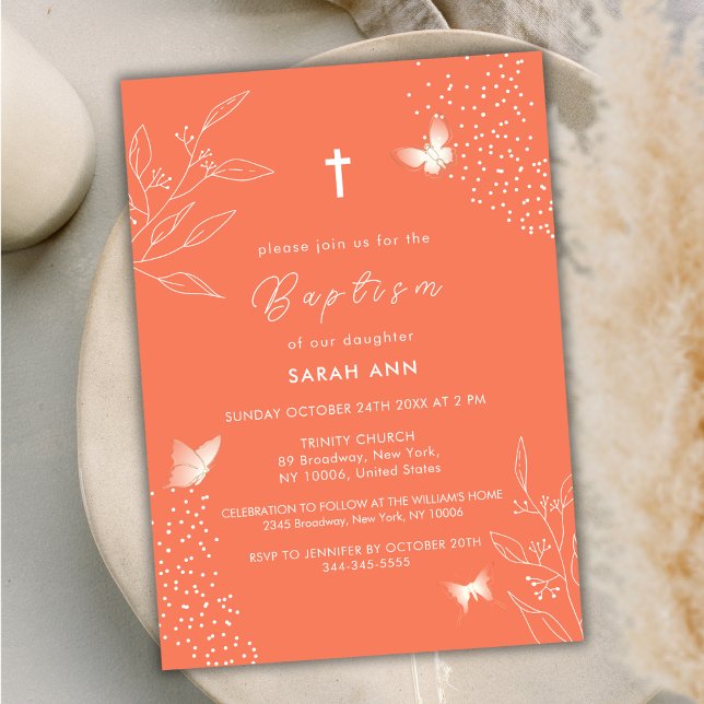 Invitation Orange Élégant Feuille Papillon Croix Baptême (Orange Elegant Leave Butterfly Cross Baptism Invitation)