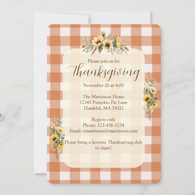 Invitation Orange En vichy automne tournesol floral Thanksgiv (Devant)