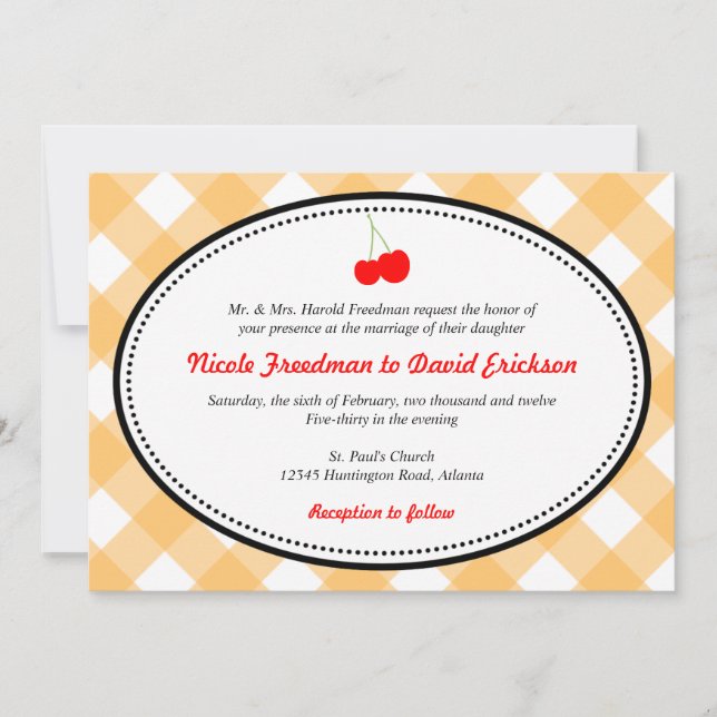 Invitation Orange en vichy pays rustique cerise rouge mariage (Devant)