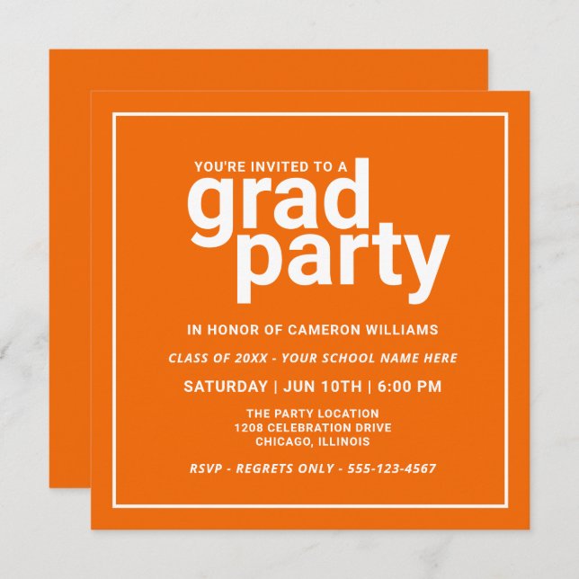 Invitation Orange et blanc Moderne de base Grad Party (Devant / Derrière)