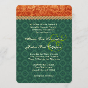 Invitation Orange et Forest Green mariage damassé V09