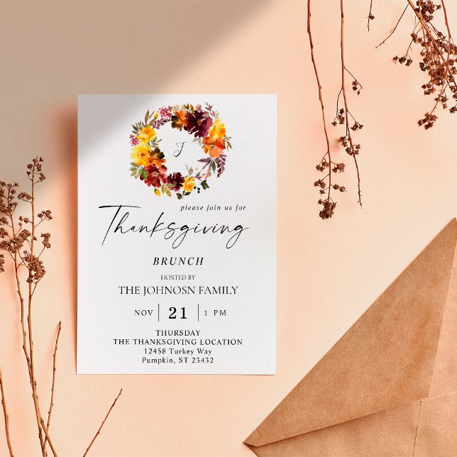 Invitation Orange et jaune fleuri Thanksgiving Wreath (Créateur téléchargé)