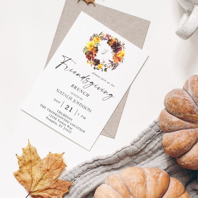Invitation Orange et jaune Floral Friendsgiving Wreath (Créateur téléchargé)