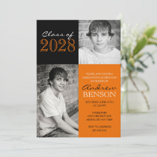 Invitation Orange et Noir Classique 2 Photo Graduation