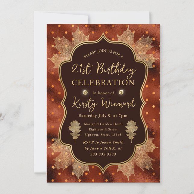Invitation Orange et or automne Feuilles automnales 21e anniv (Devant)