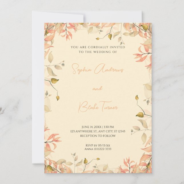 Invitation Orange et vert Floral Feuille Jaune Mariage (Devant)