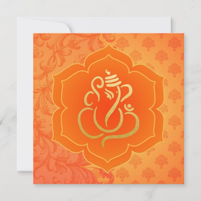 Invitation Orange Ethnic Damask Gold Ganesh Mariage indien (Devant)