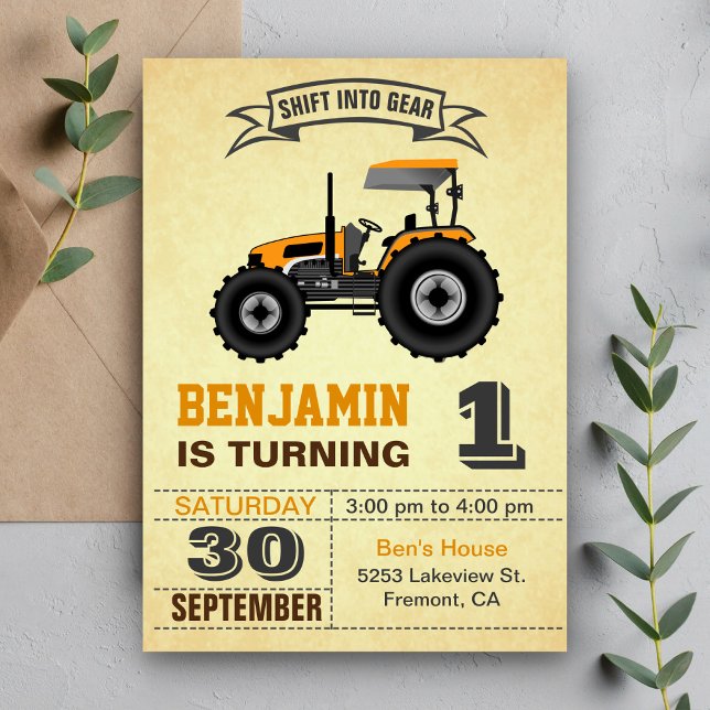Invitation Orange Farm Tracteur 1er anniversaire fêté Invitat (Créateur téléchargé)