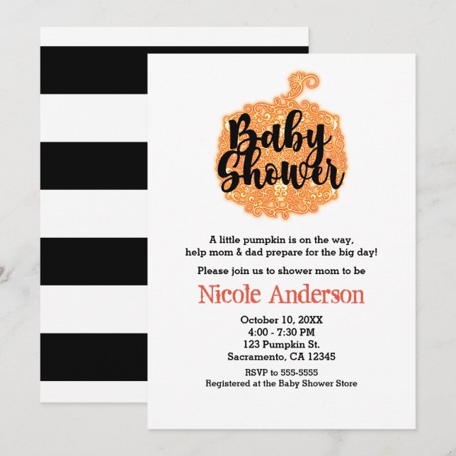 Invitation Orange Filigree Citrouille Élégant Baby shower d'a (Devant / Derrière)