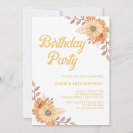 Invitation Orange Fleur Botanique Or Blanc Anniversaire