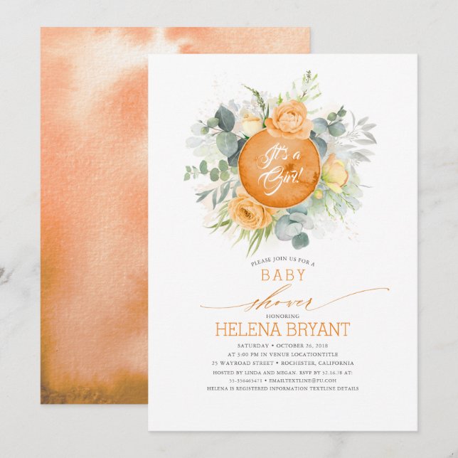 Invitation Orange Fleurs Wreath Boho Baby shower d'automne (Devant / Derrière)
