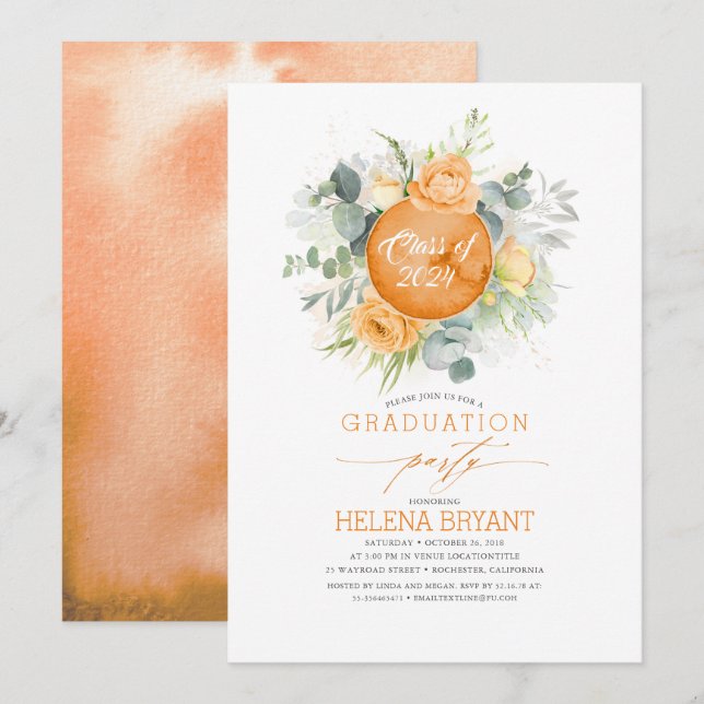 Invitation Orange Fleurs Wreath Boho Graduation d'automne (Devant / Derrière)