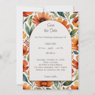 Invitation Orange Floral Aquarelle Enregistrer la date Mariag