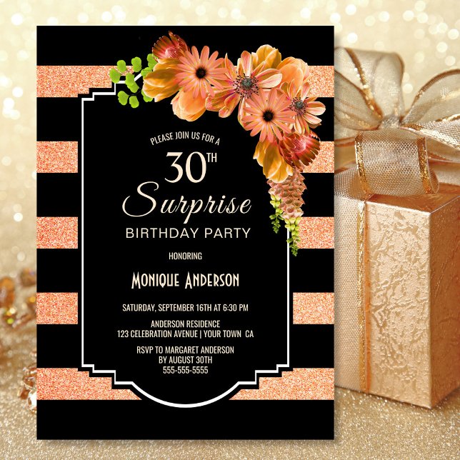 Invitation Orange Floral Black Stripe Surprise 30e anniversai (Créateur téléchargé)